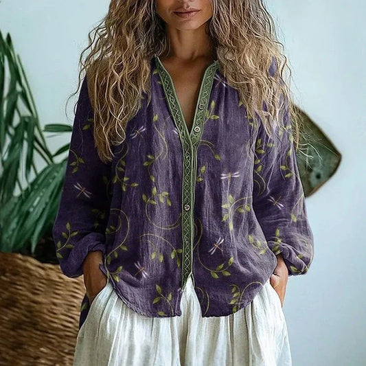 Ámbar™ - Blusa Vintage con Estampado de Hojas