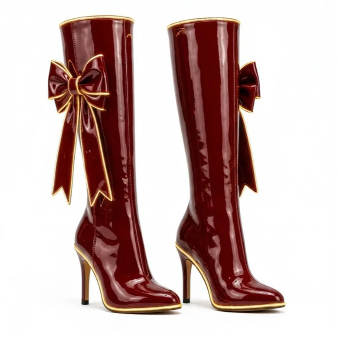 Burgundy Bow Knee-High Heeled Boots - view 1