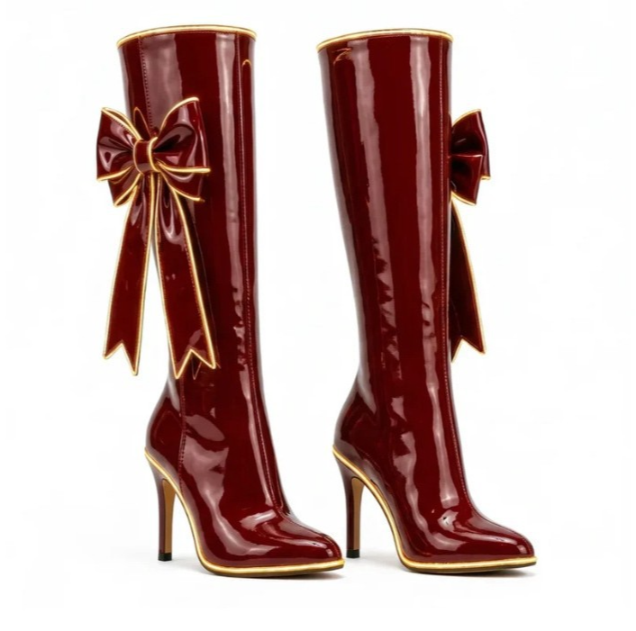 Burgundy Bow Knee-High Heeled Boots - view 2