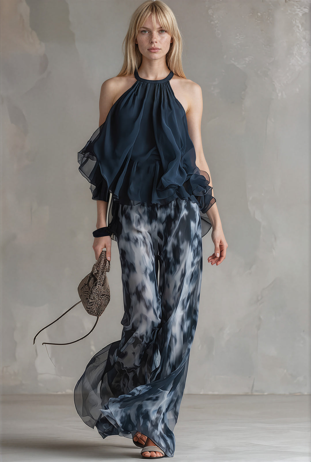 Ludovica - elegant in chiffon with high neck top and wide printed trousers