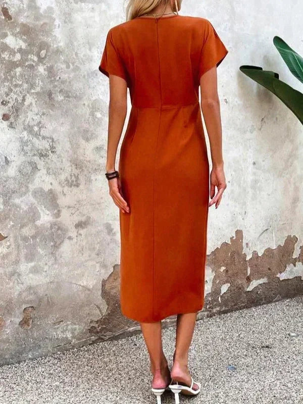Orange V-Neck Wrap Midi Dress with Slit