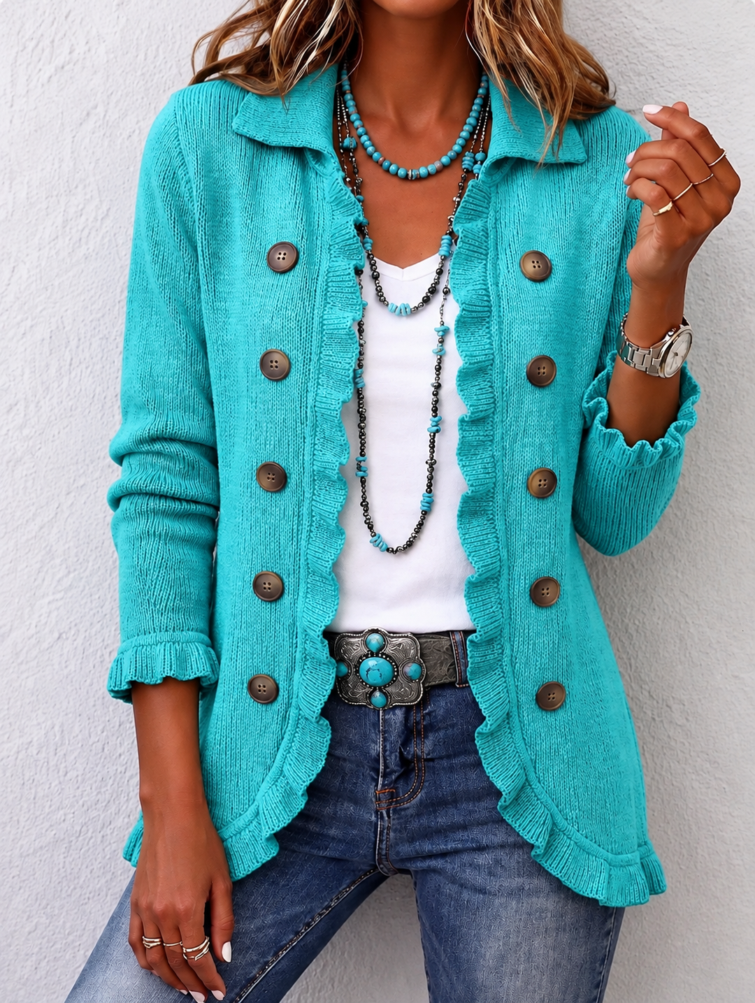 Rosalia | Chaqueta de punto turquesa con volantes