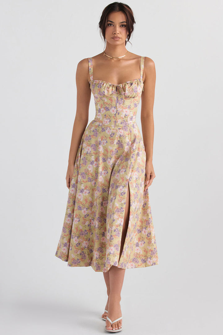 Fitted bustier dress with a modern floral print