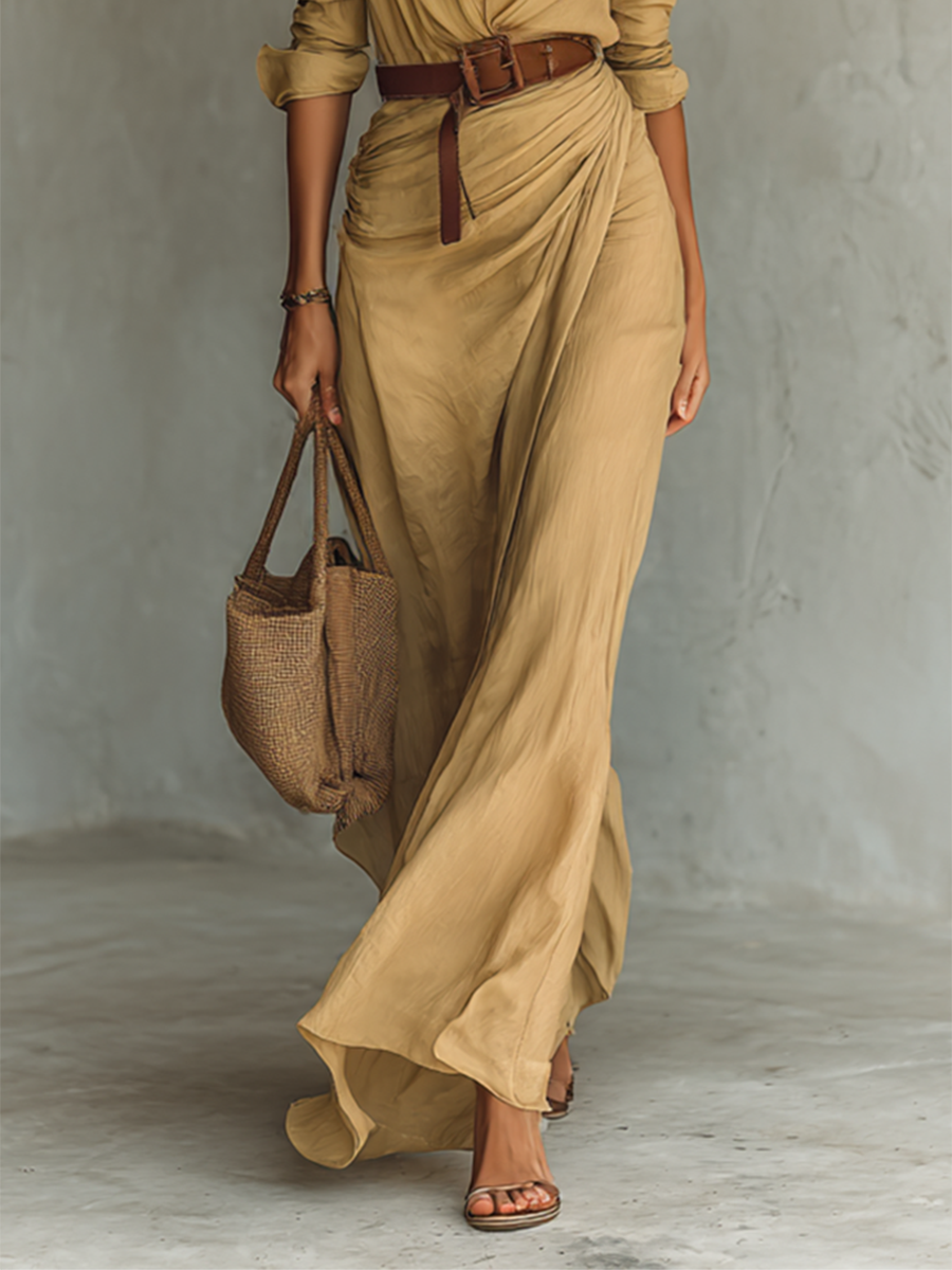 Robe longue à manches longues et col à revers pour femme