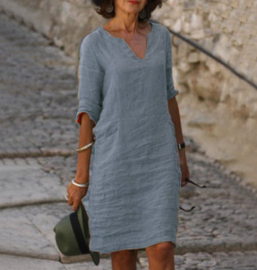 Abito Midi Verde con Collo a V e Maniche 3/4