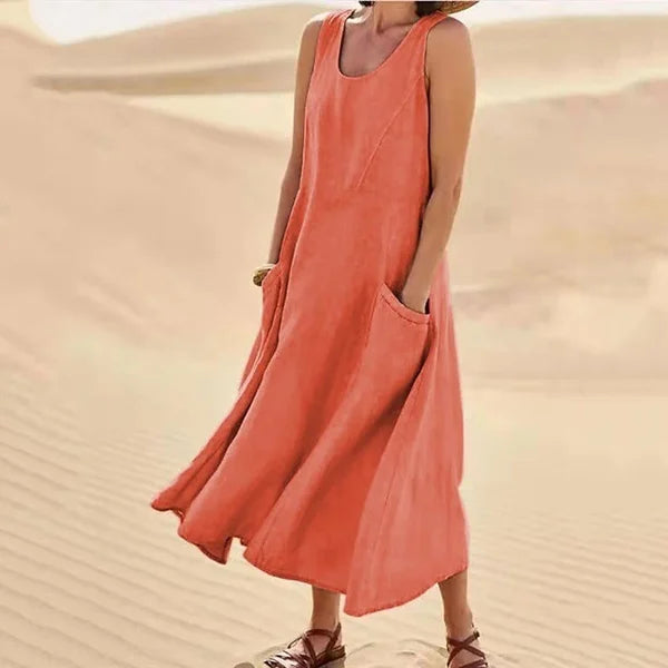 Sleeveless Scoop Neck Midi Dress with Pockets