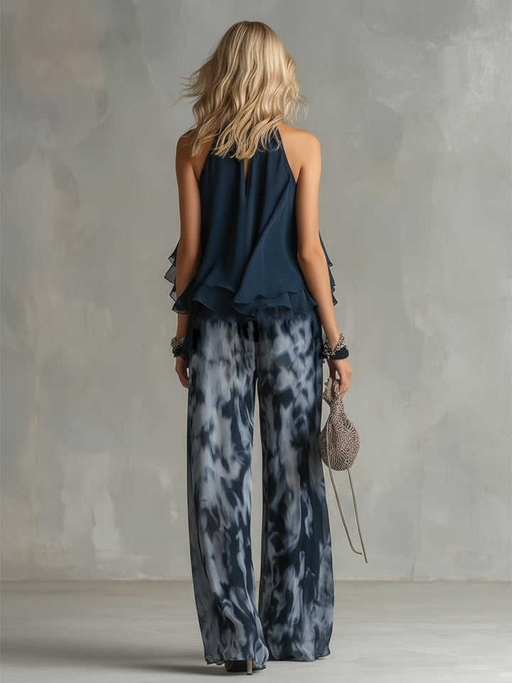 Ludovica - elegant in chiffon with high neck top and wide printed trousers