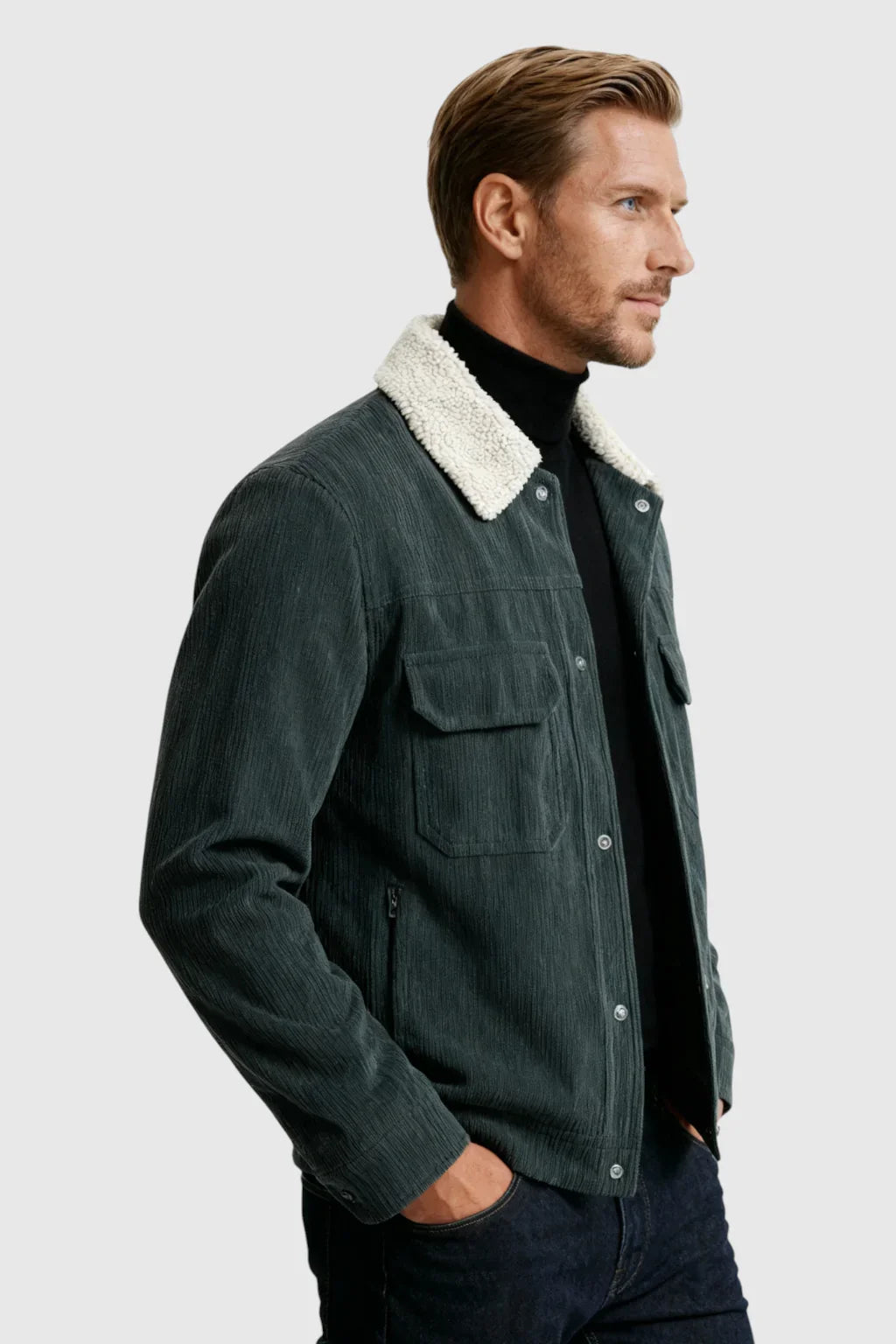 Chaqueta de terciopelo gris oscuro para hombre | Cuello de borreguito y botones a presión