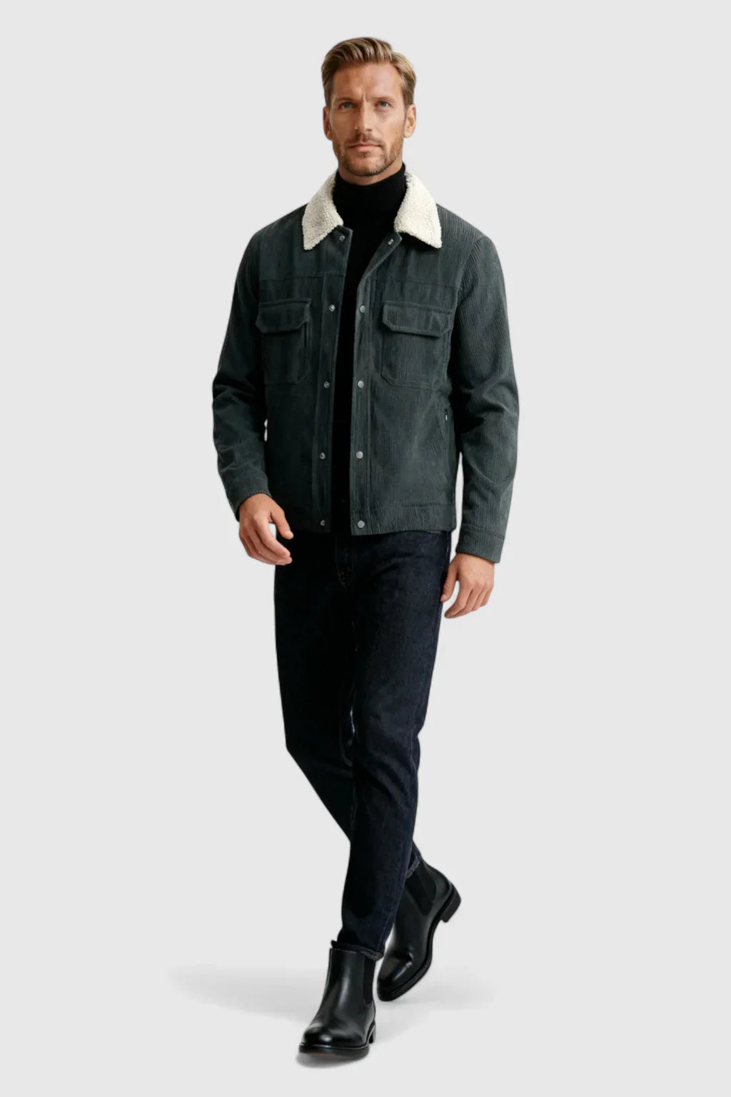 Chaqueta de terciopelo gris oscuro para hombre | Cuello de borreguito y botones a presión