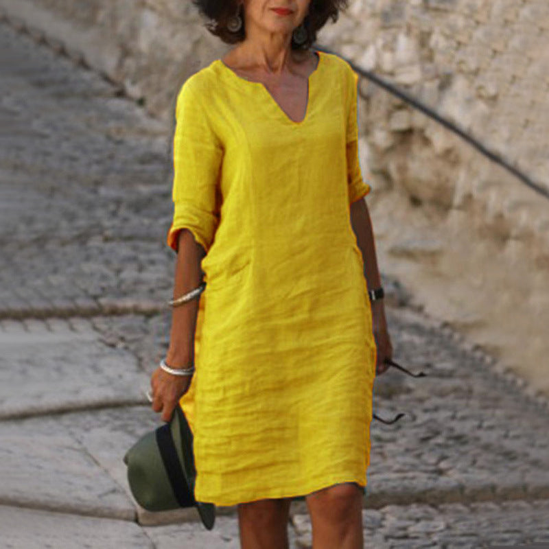 Abito Midi Verde con Collo a V e Maniche 3/4