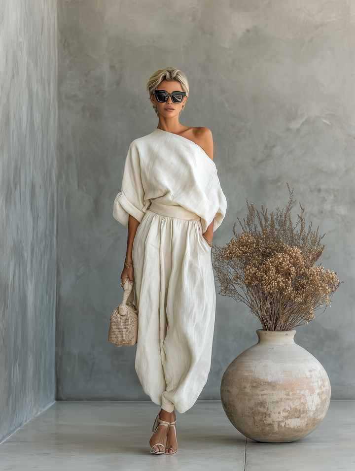 Ensemble pour femme en lin blanc cassé, composé d&