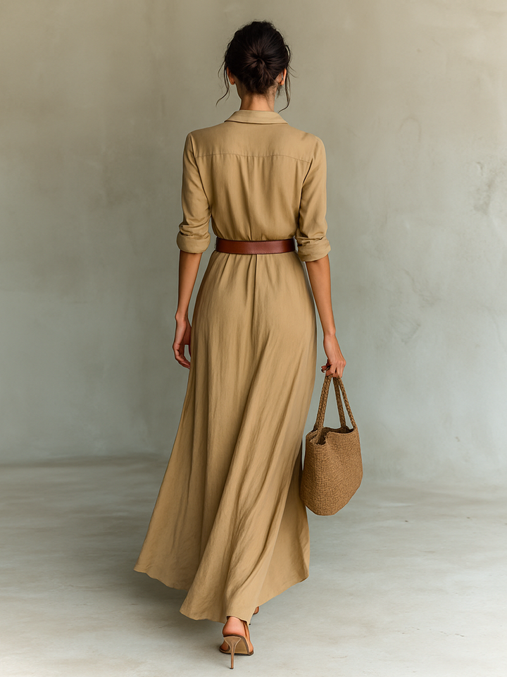 Robe longue à manches longues et col à revers pour femme