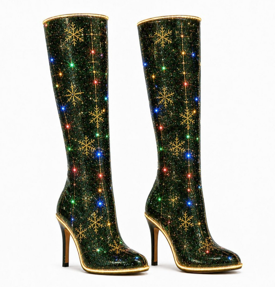 Green Snowflake Print Knee-High Heeled Boots - view 1