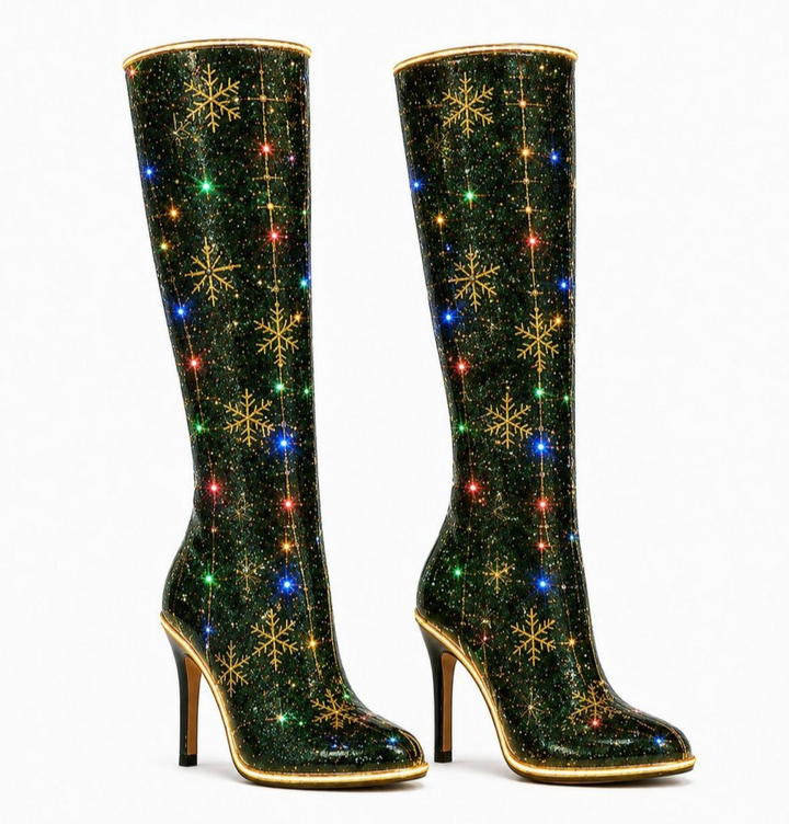 Green Snowflake Print Knee-High Heeled Boots - view 1