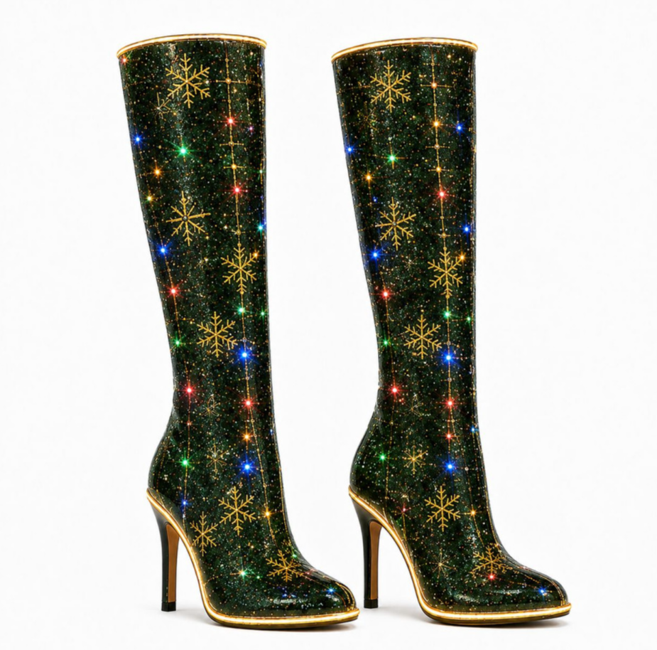 Green Snowflake Print Knee-High Heeled Boots - view 2