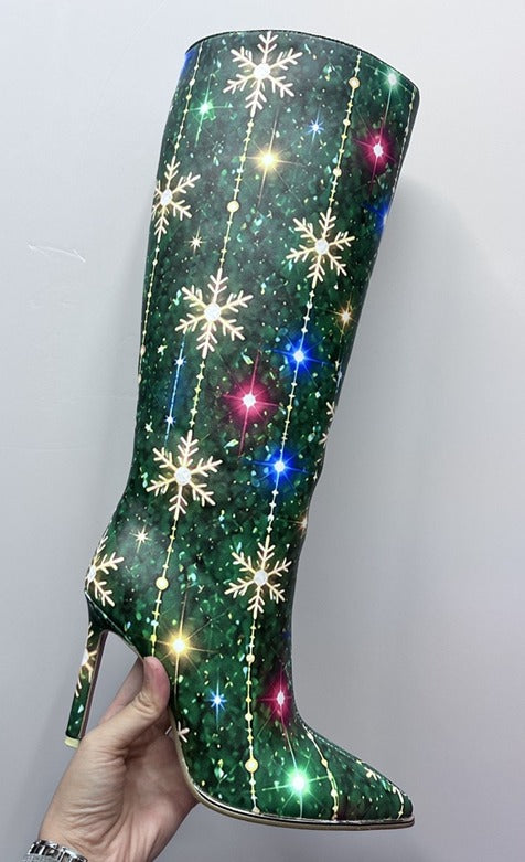 Green Snowflake Print Knee-High Heeled Boots - view 3