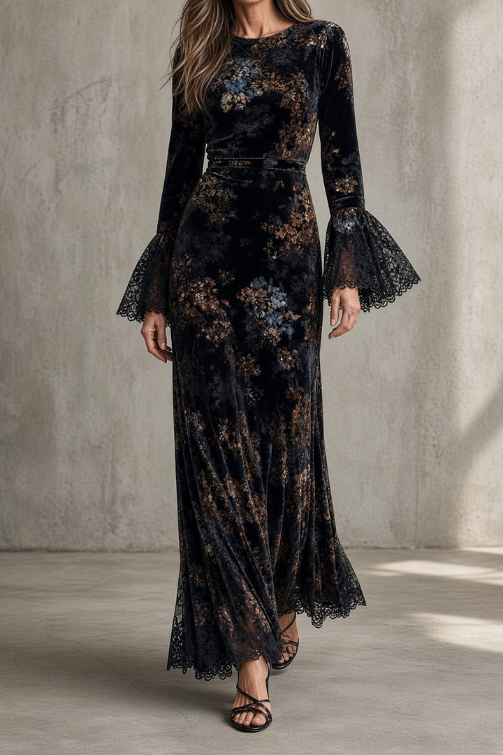 Luna | Robe à l’aspect velours et motif floral avec poignets en dentelle