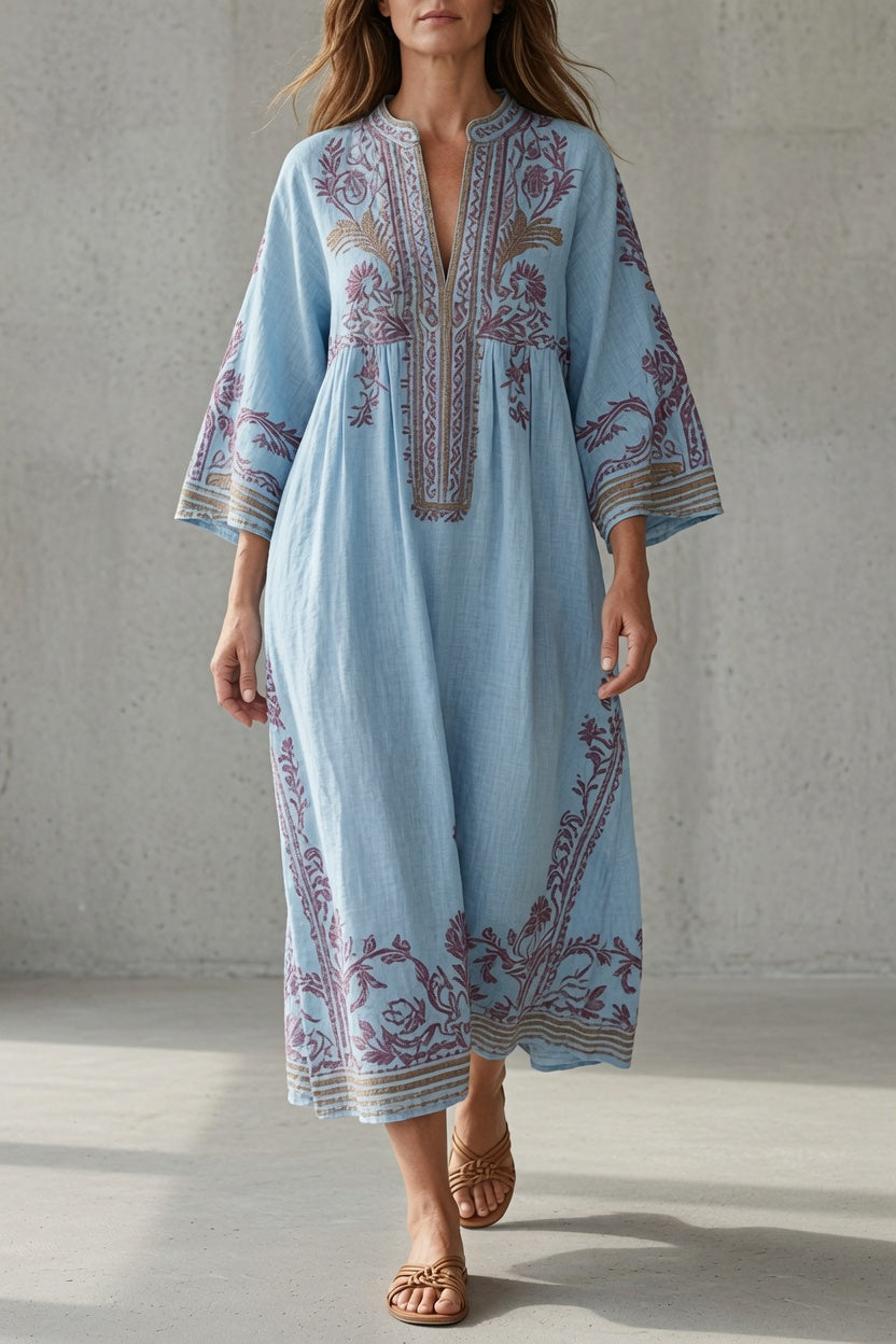 Elena | Vestido midi con abertura en el cuello y estampado ornamental