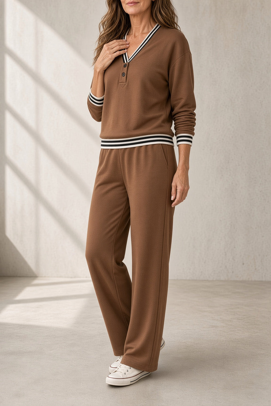 Monica | Conjunto de top con ribete en contraste y pantalón de pernera ancha