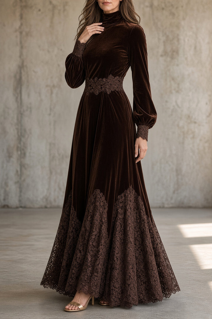 Monica | Robe longue effet velours avec bordure en dentelle