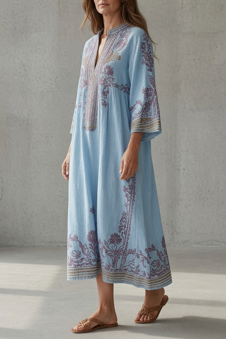 Elena | Vestido midi con abertura en el cuello y estampado ornamental