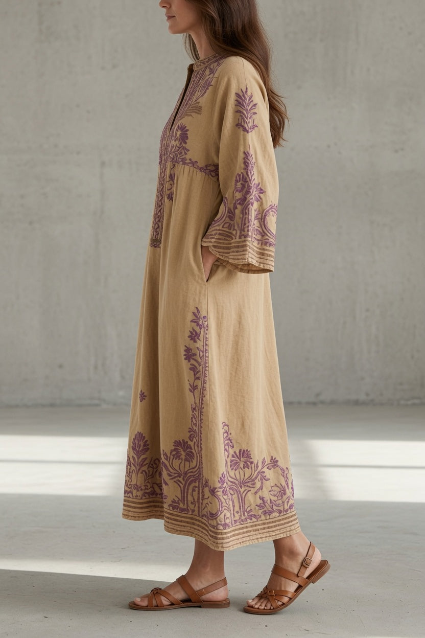 Elena | Vestido midi con abertura en el cuello y estampado ornamental