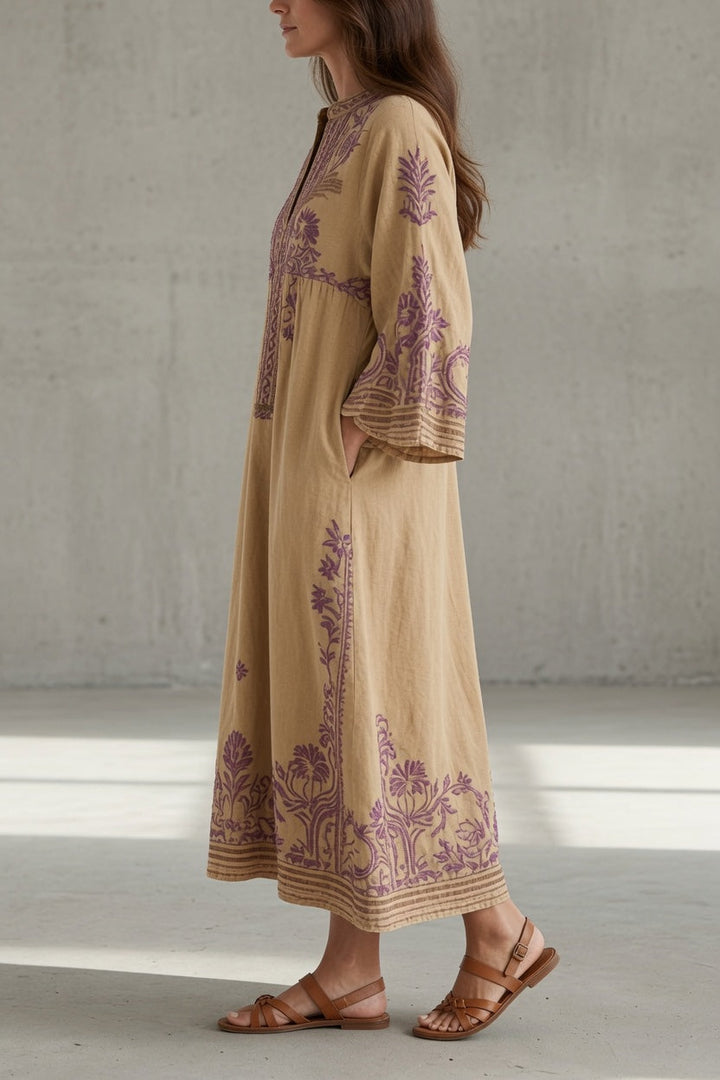 Elena | Vestido midi con abertura en el cuello y estampado ornamental