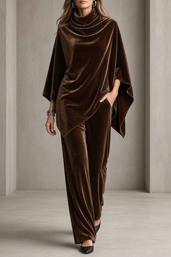 Monica | Ensemble poncho drapé à l’aspect velours et pantalon
