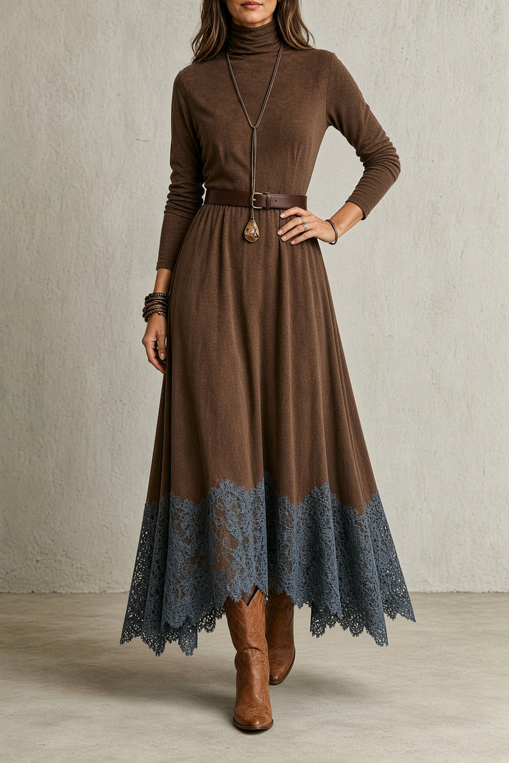 Sarah | Vestido de cuello alto con cinturón y bajo de encaje