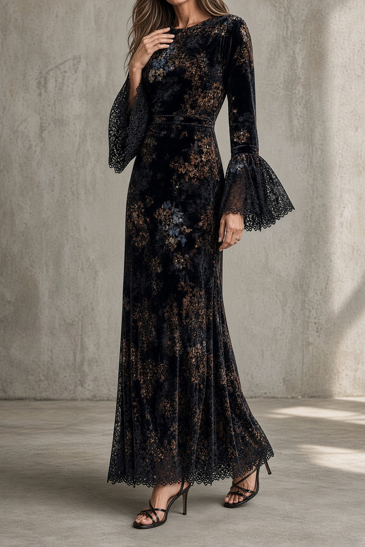 Luna | Robe à l’aspect velours et motif floral avec poignets en dentelle