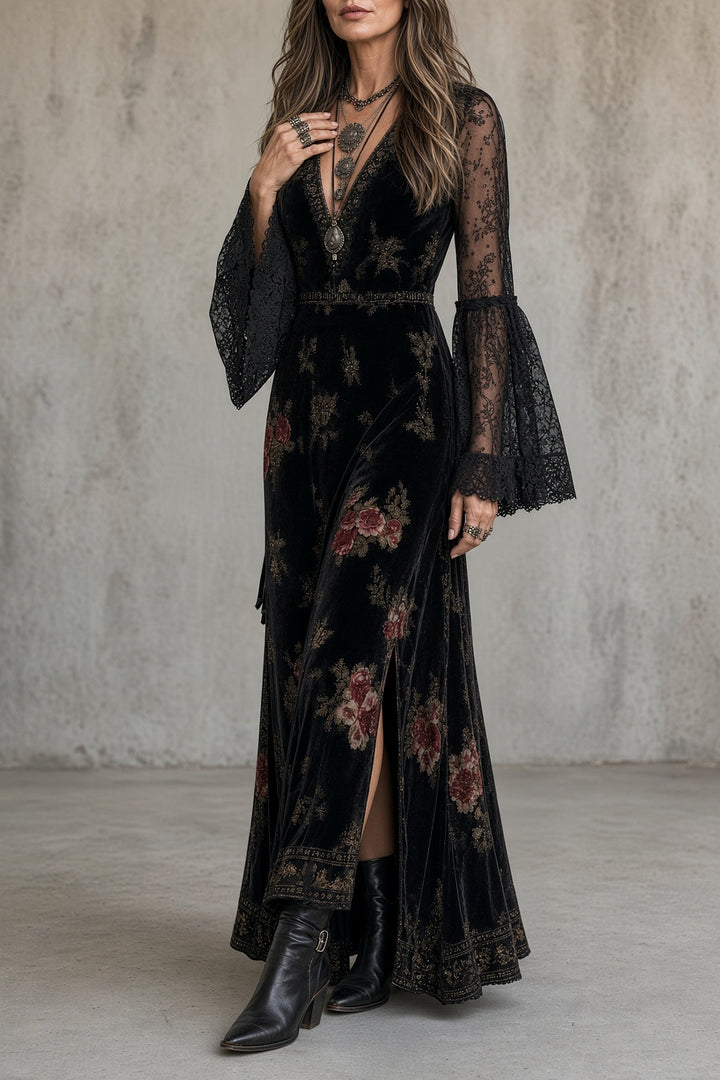 Natalie | Vestido largo de terciopelo con estampado floral y mangas de encaje