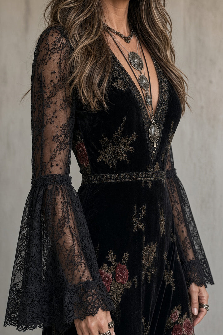 Natalie | Vestido largo de terciopelo con estampado floral y mangas de encaje