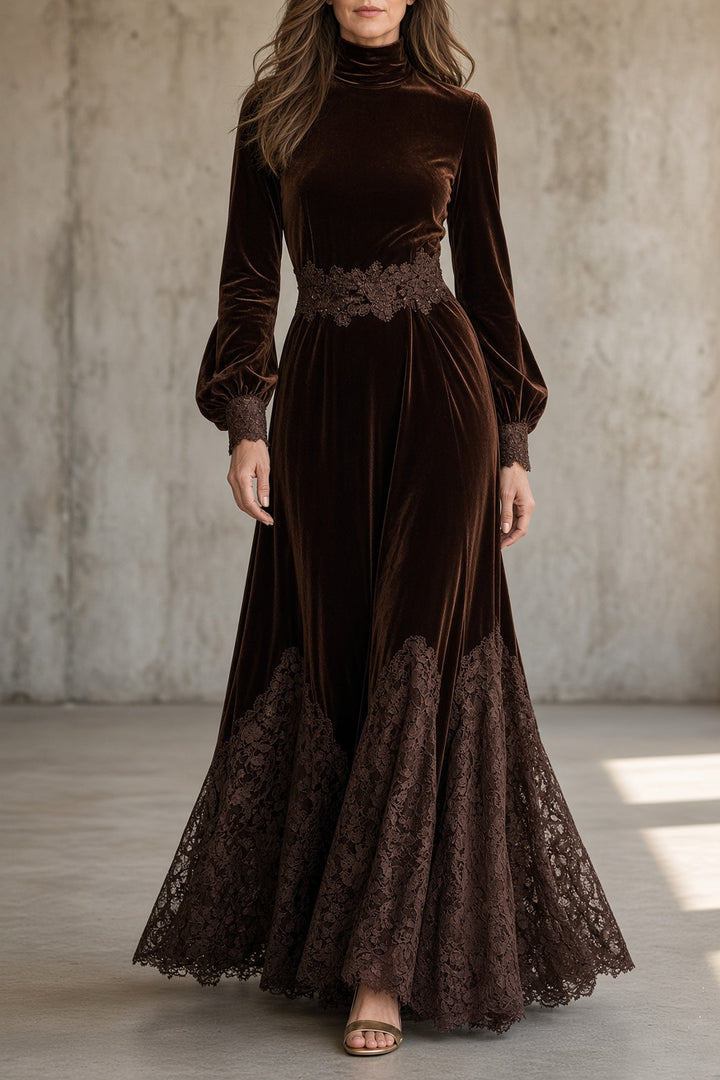 Monica | Robe longue effet velours avec bordure en dentelle