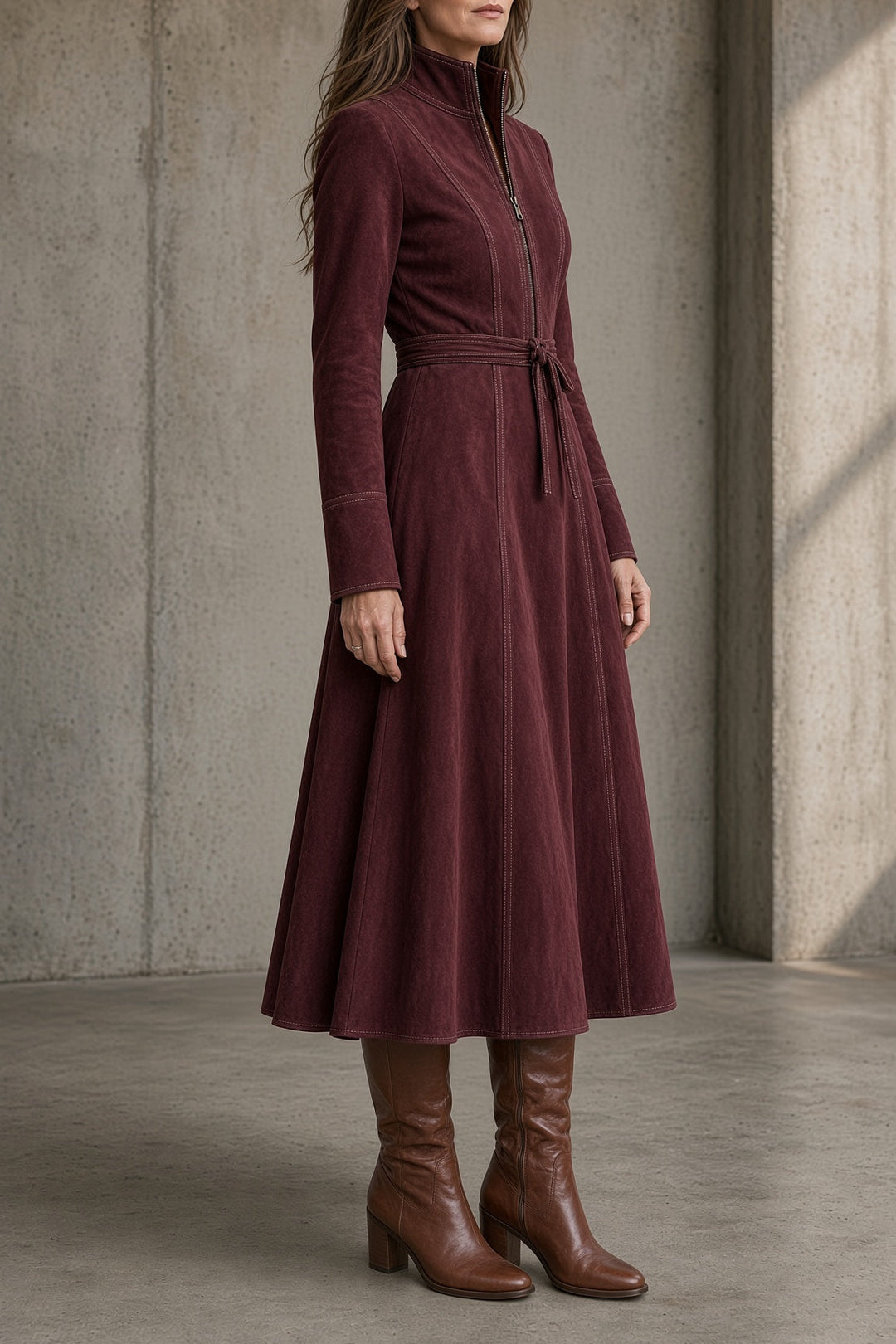 Tara | Vestido midi de terciopelo con cuello y cremallera