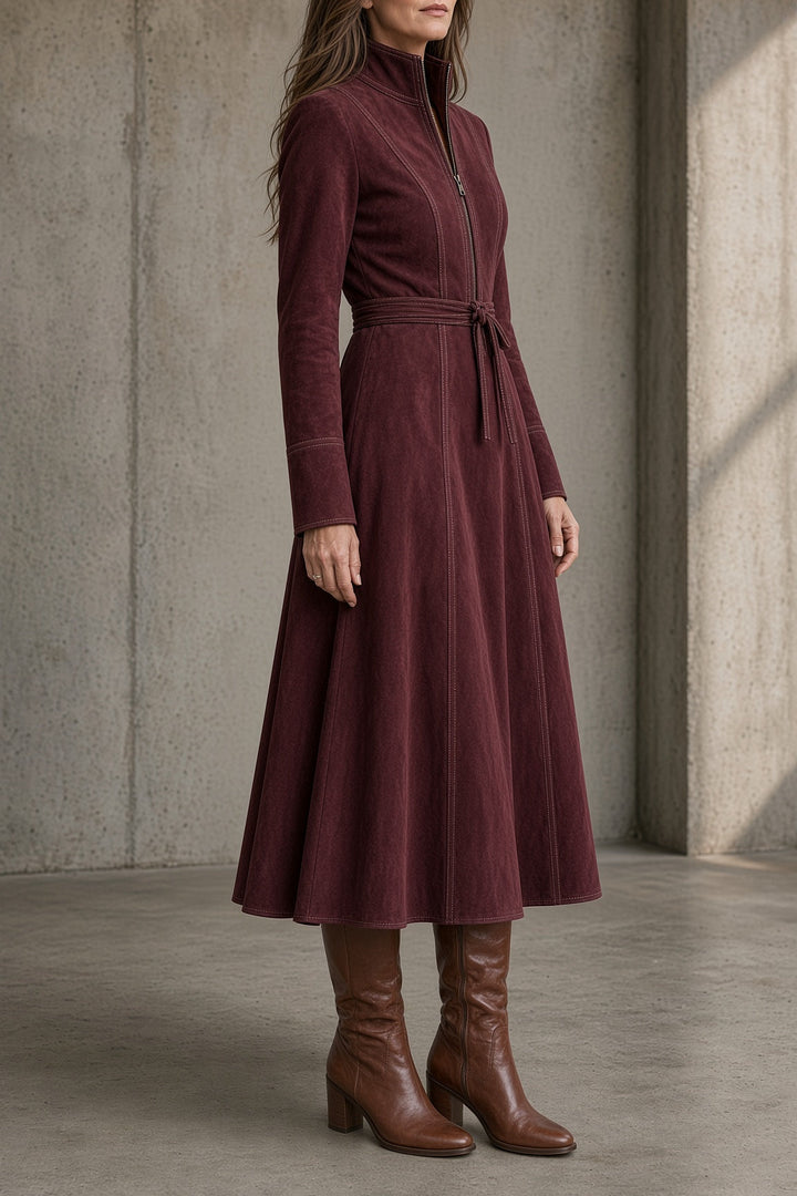 Tara | Vestido midi de terciopelo con cuello y cremallera