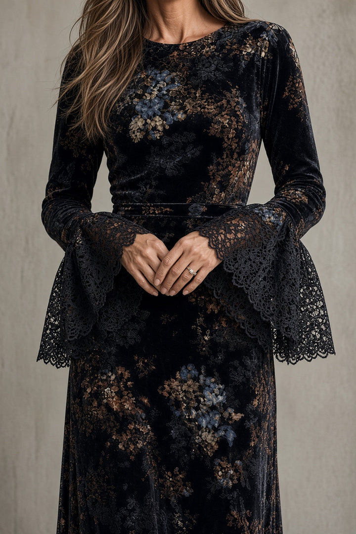 Luna | Robe à l’aspect velours et motif floral avec poignets en dentelle