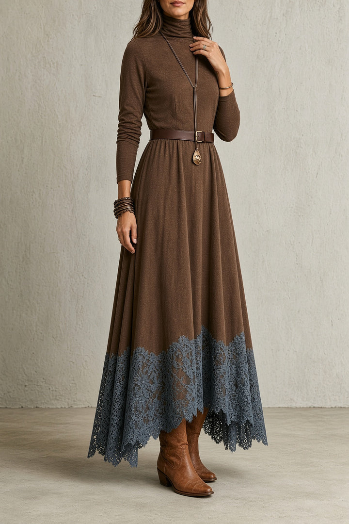 Sarah | Vestido de cuello alto con cinturón y bajo de encaje