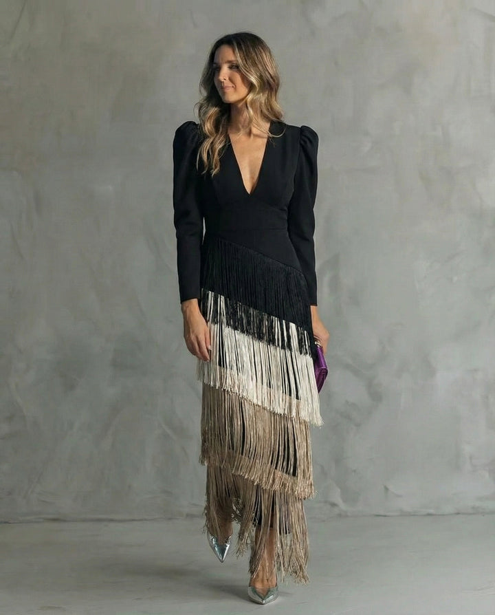 Alessia - Elegante abito midi con maniche con frange
