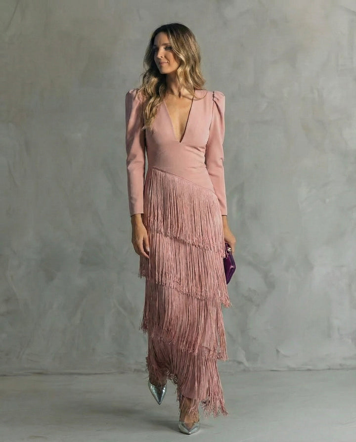 Alessia - Elegante abito midi con maniche con frange