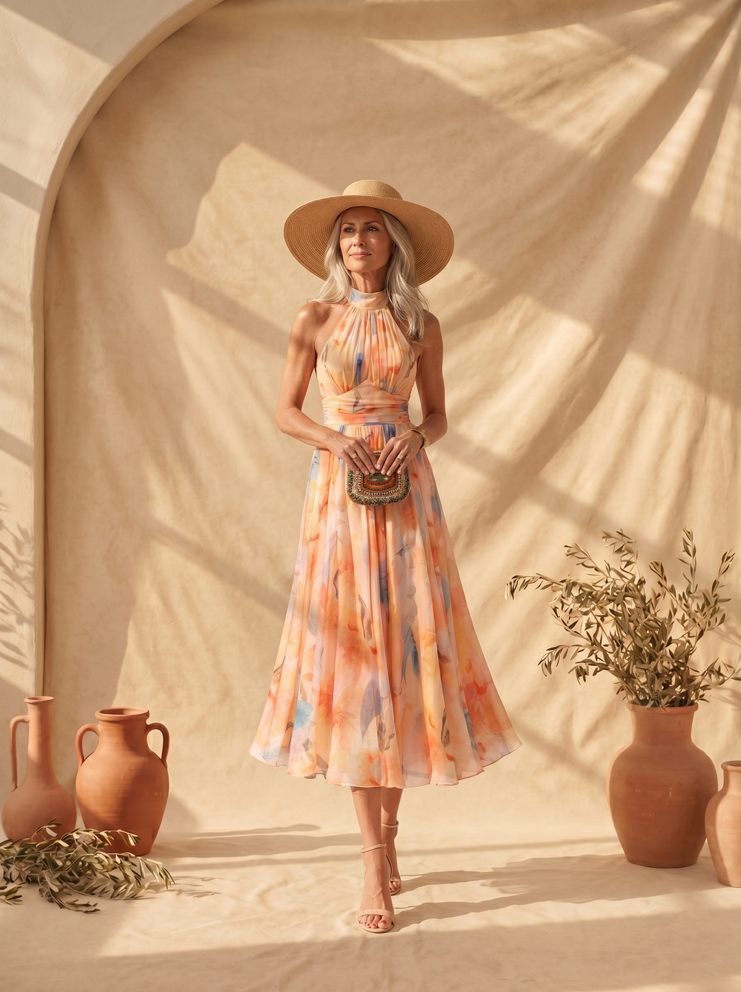Aurora | Vestido com decote halter e estampado aguarela