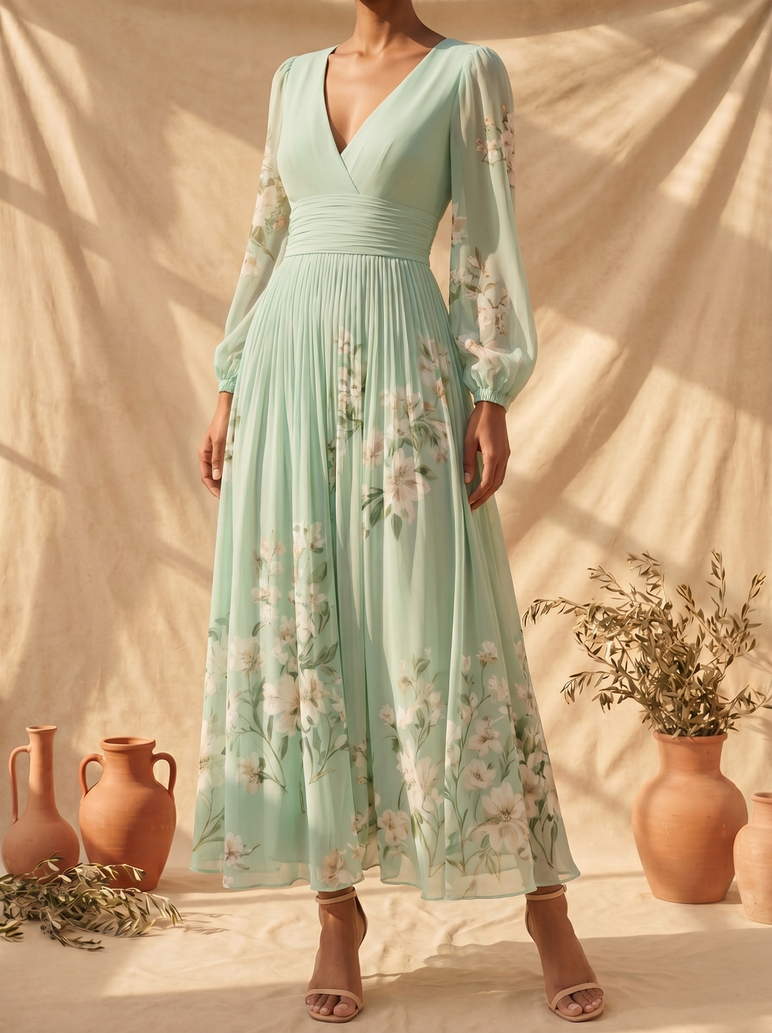Cisella | Light green floral midi dress