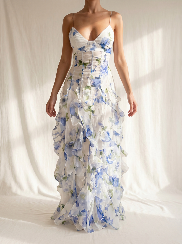 Uri | Floral Midi Dress with Rouches