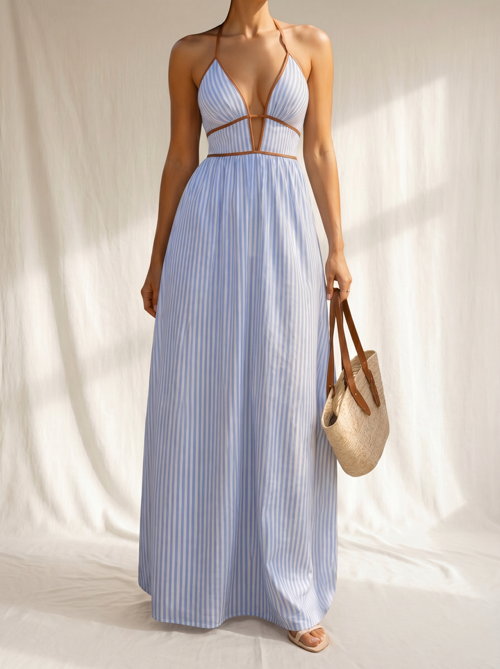 Laurina | Vestido comprido às riscas com decote recortado