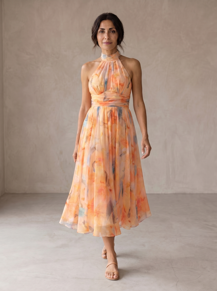 Aurora | Vestido com decote halter e estampado aguarela