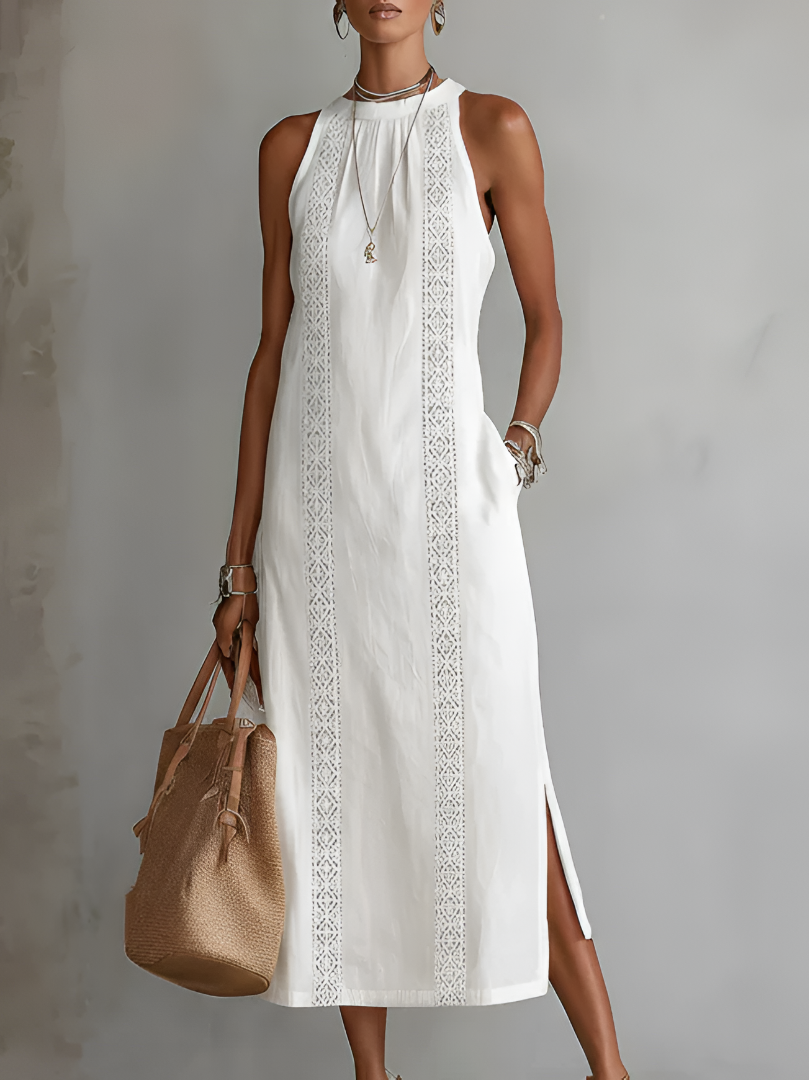 Jimena - Abito midi in lino e cotone con collo alla coreana