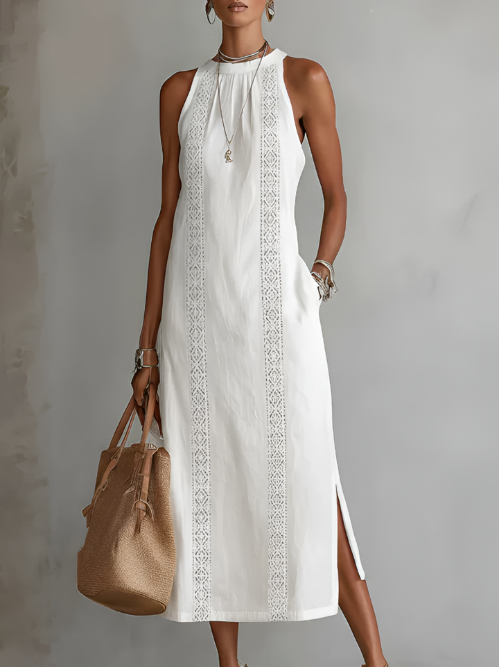 Jimena - Abito midi in lino e cotone con collo alla coreana