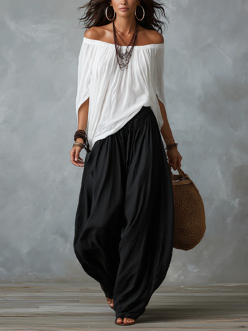 Morgane | Conjunto de top con hombros descubiertos y pantalón fruncido