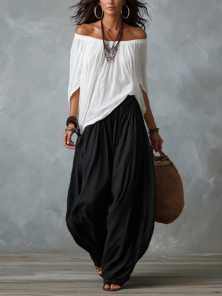 Morgane | Conjunto de top con hombros descubiertos y pantalón fruncido