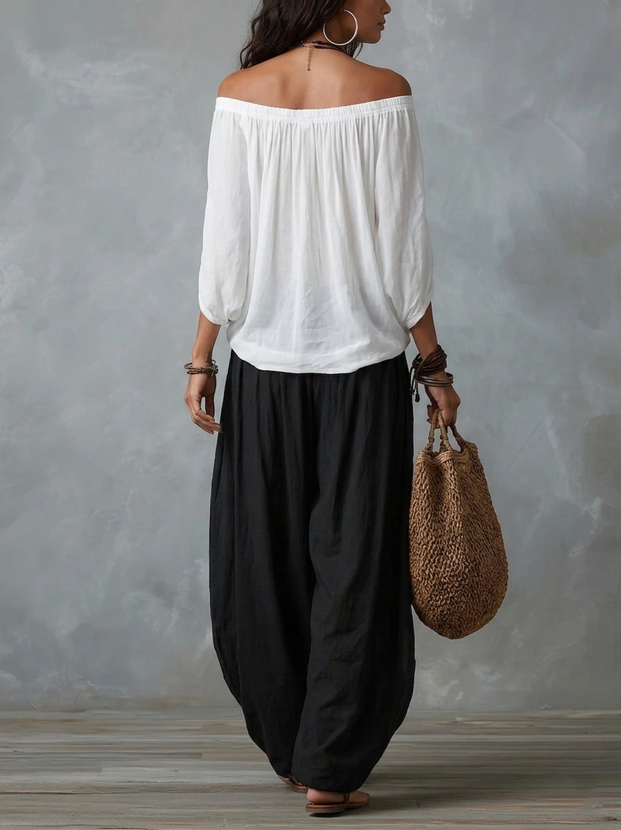 Morgane | Conjunto de top con hombros descubiertos y pantalón fruncido
