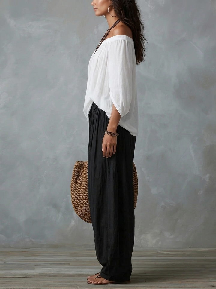 Morgane | Conjunto de top con hombros descubiertos y pantalón fruncido